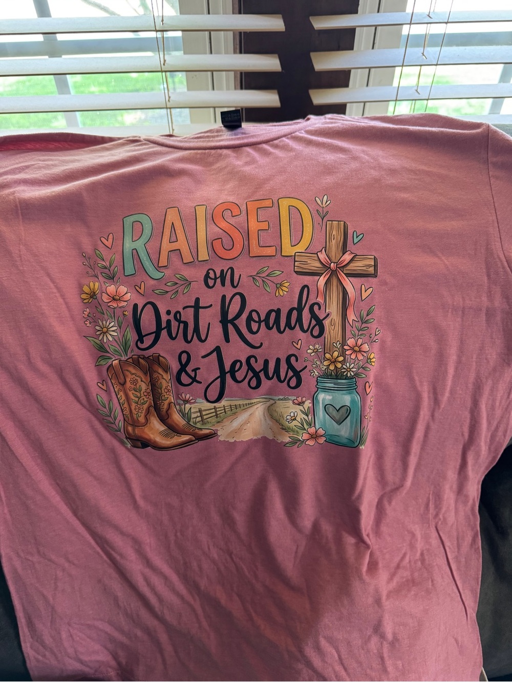 Gildan Pink "Raised on Dirt Roads & Jesus" Short Sleeve Tee